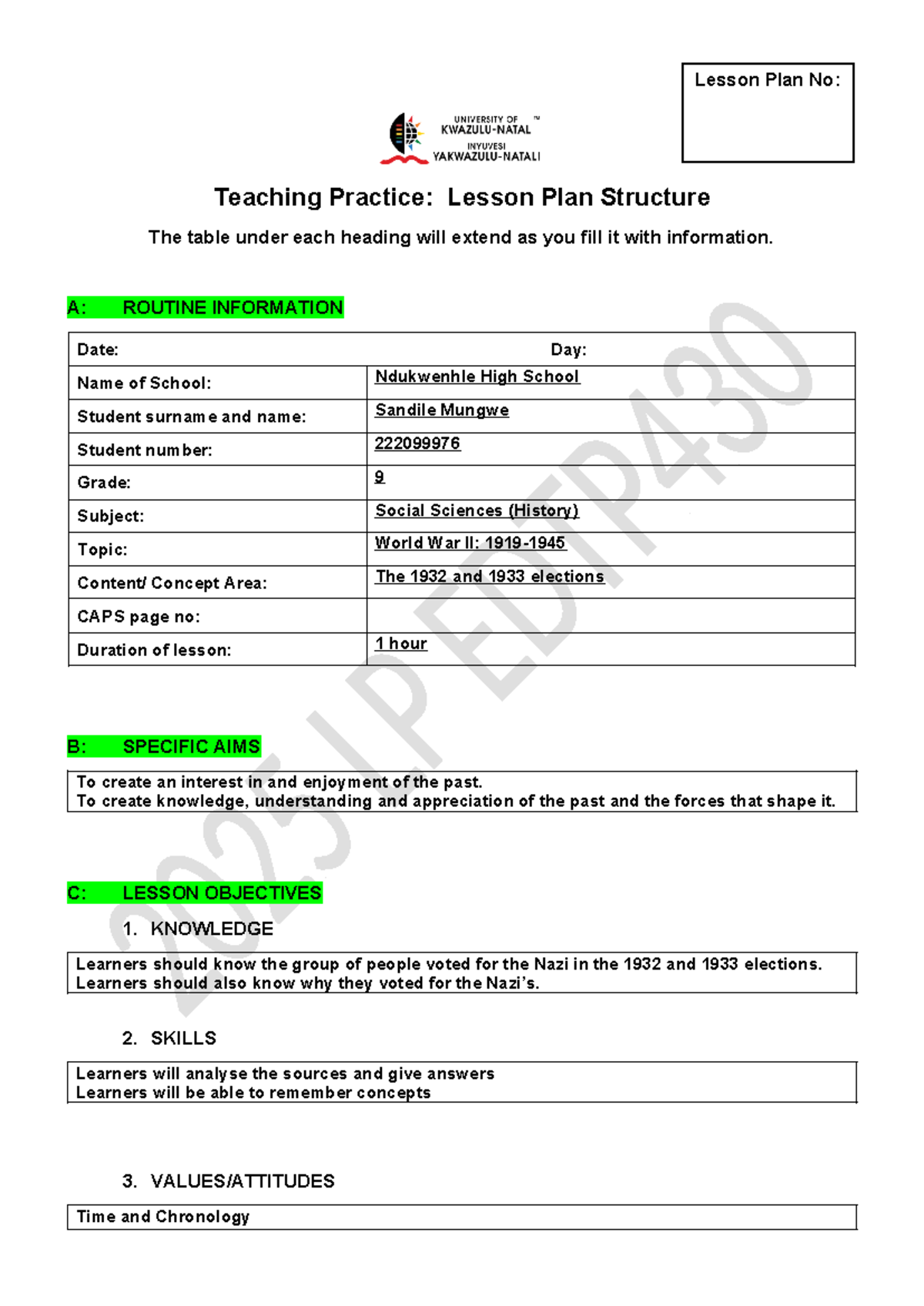 Lesson PLAN Grade 9 (two) - Teaching Practice: Lesson Plan Structure ...