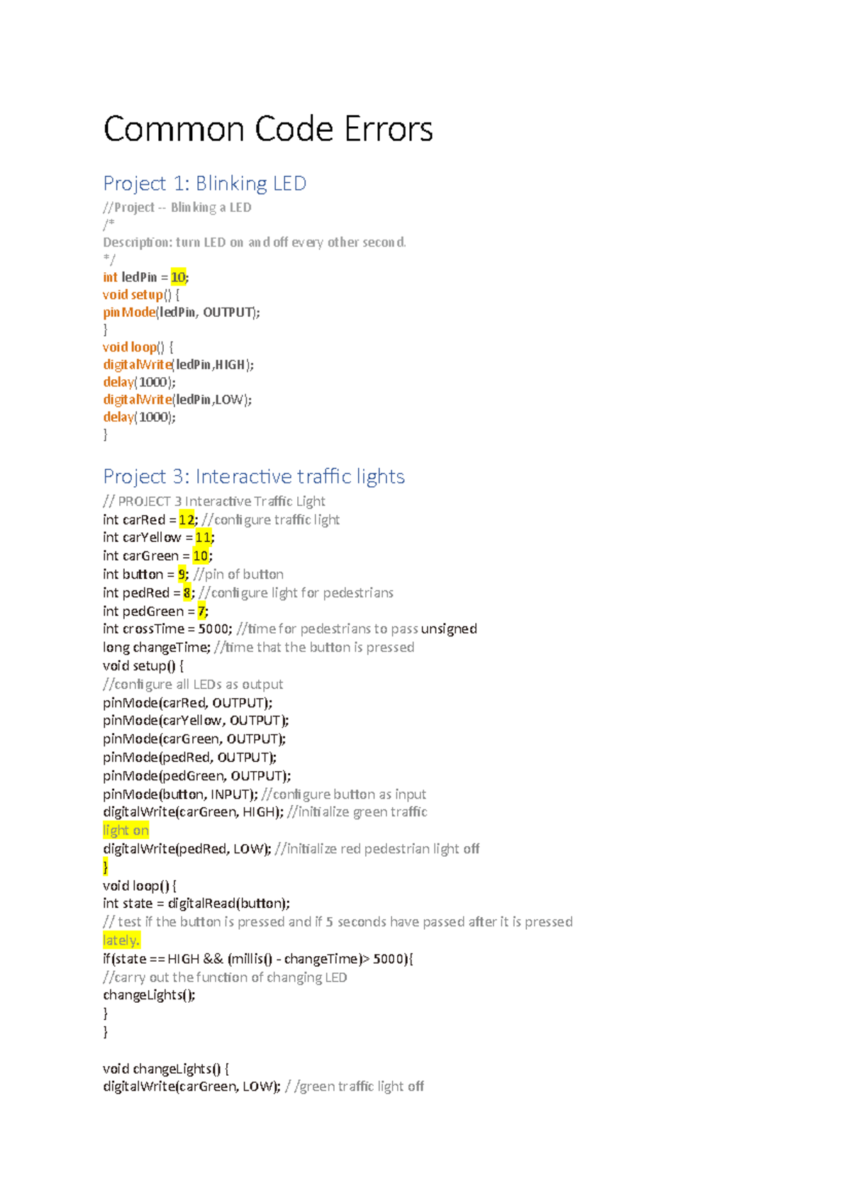 Common code errors in projects 1, 3, and 6: LED and traffic lights ...
