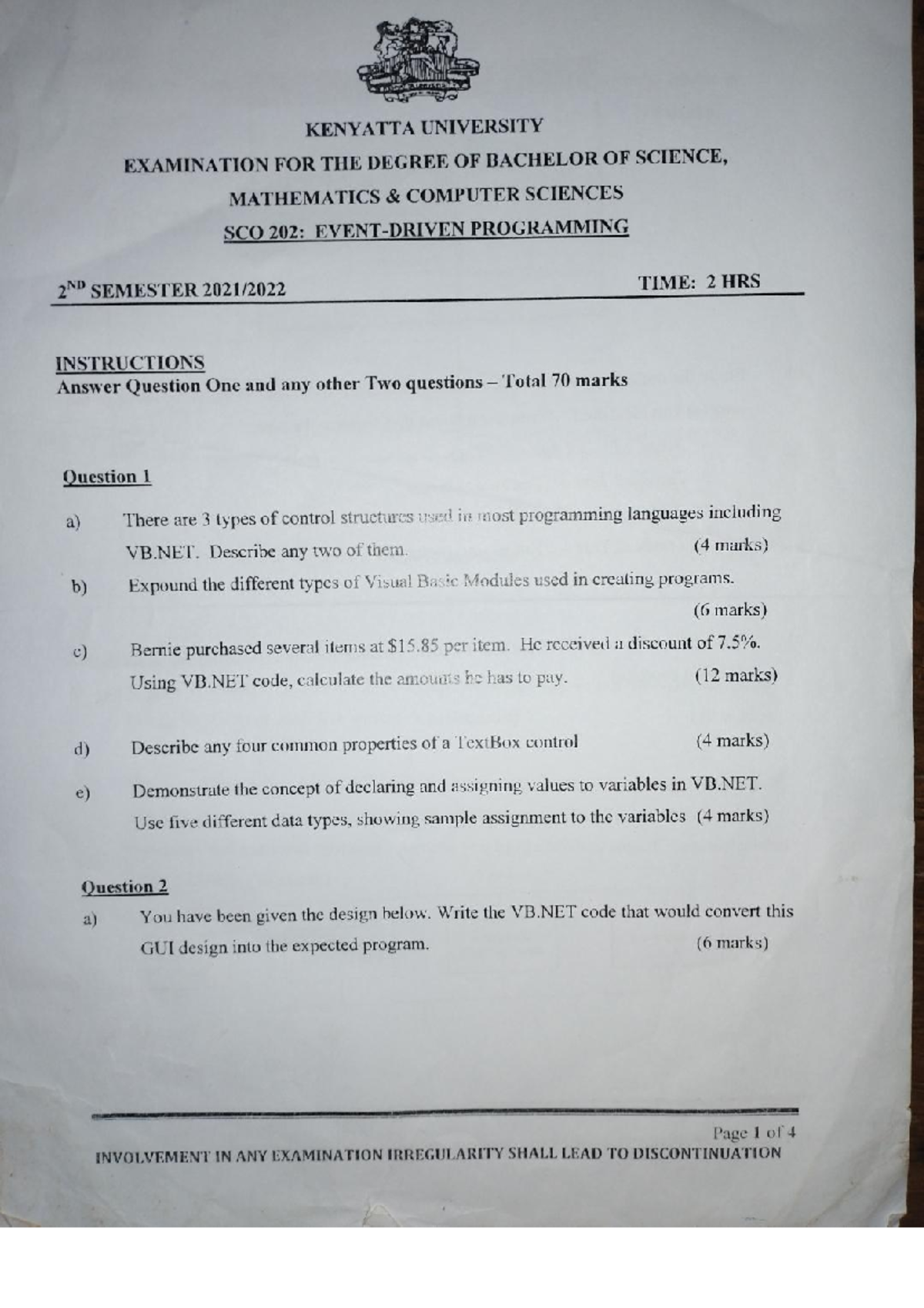 SCO 202 Final Exam Notes on Visual Basic Programming by Eugene Akoko ...