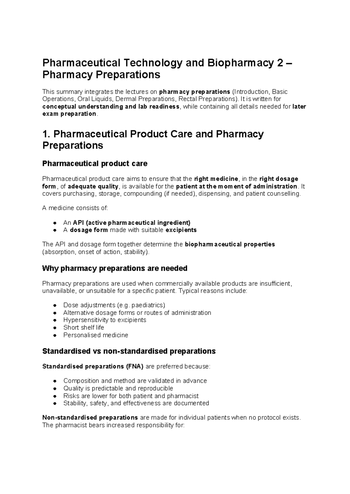PTB2 Lecture Notes: Pharmacy Preparations Overview and Key Concepts ...