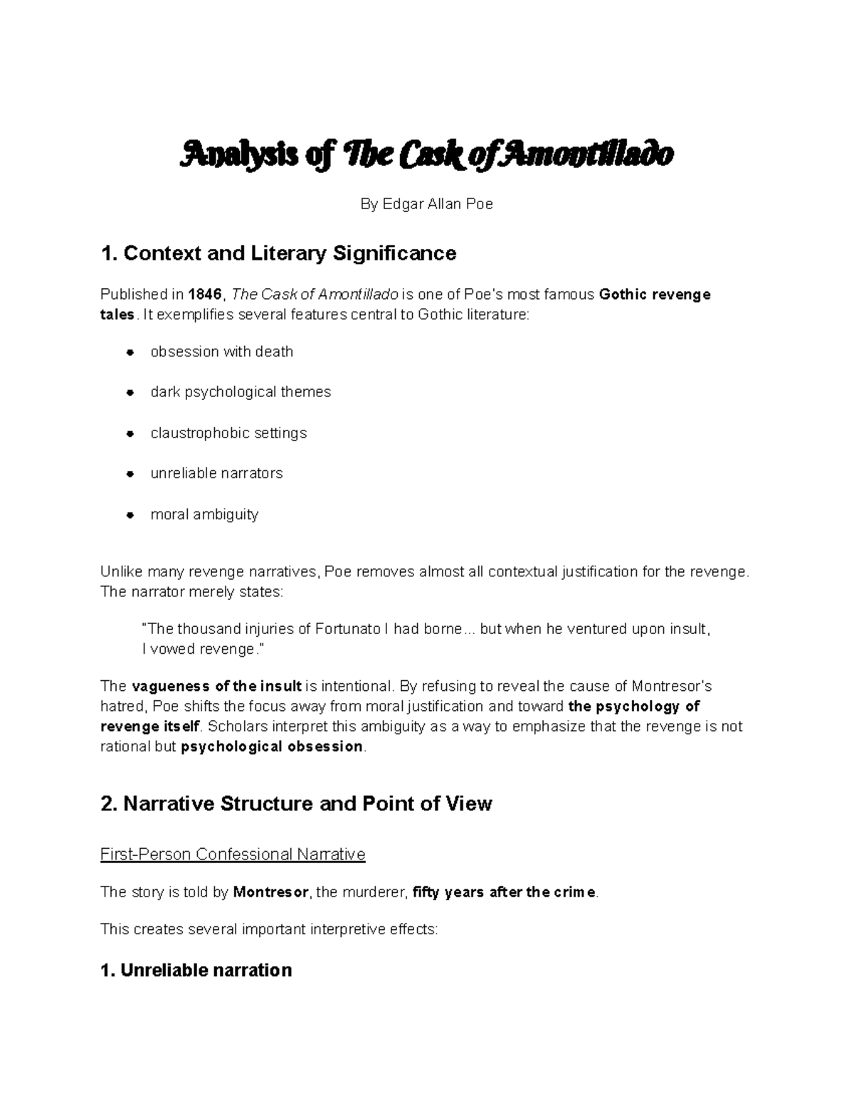 ENGL101 - Analysis of Edgar Allan Poe's "The Cask of Amontillado" - Studocu