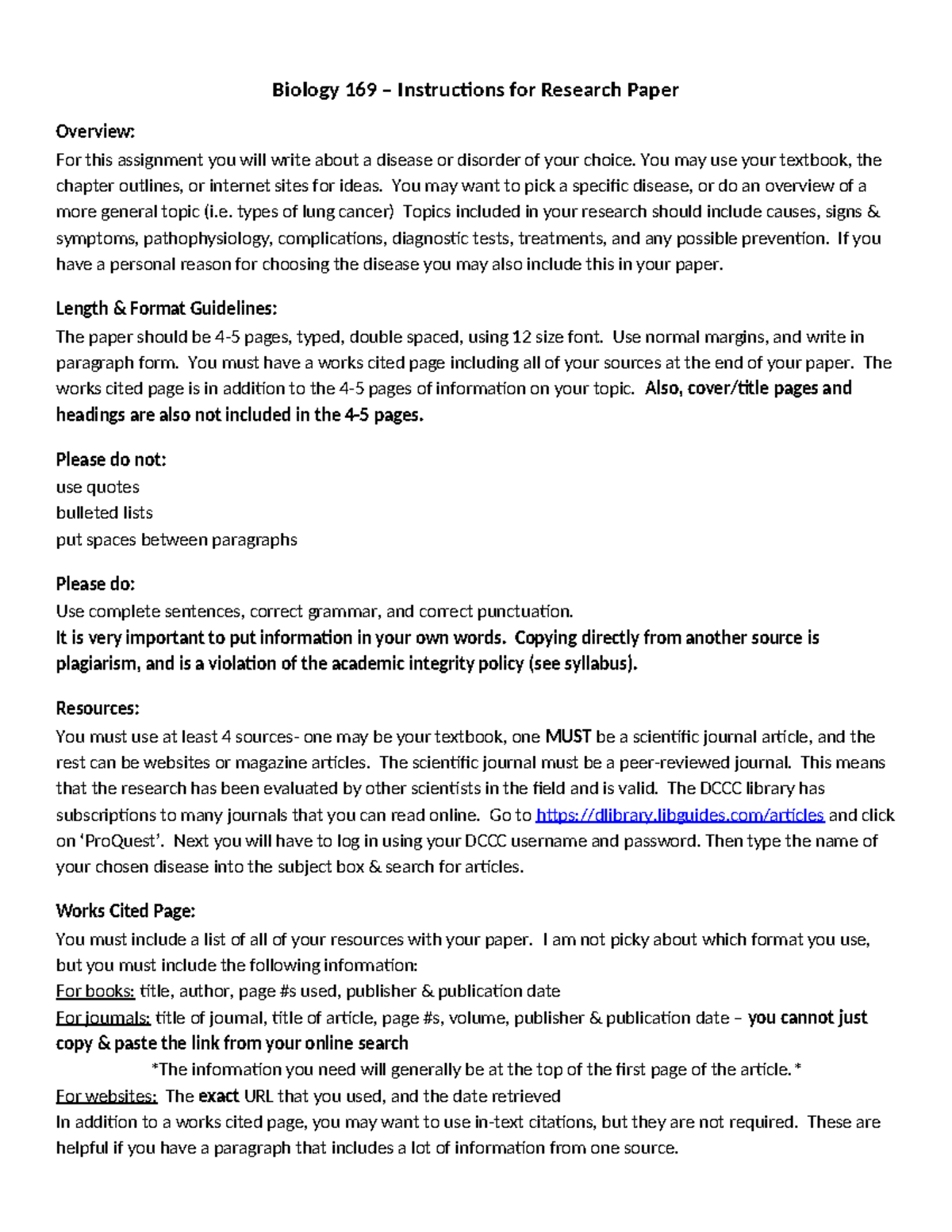 Biology 169 Research Paper Guidelines on Diseases and Disorders - Studocu