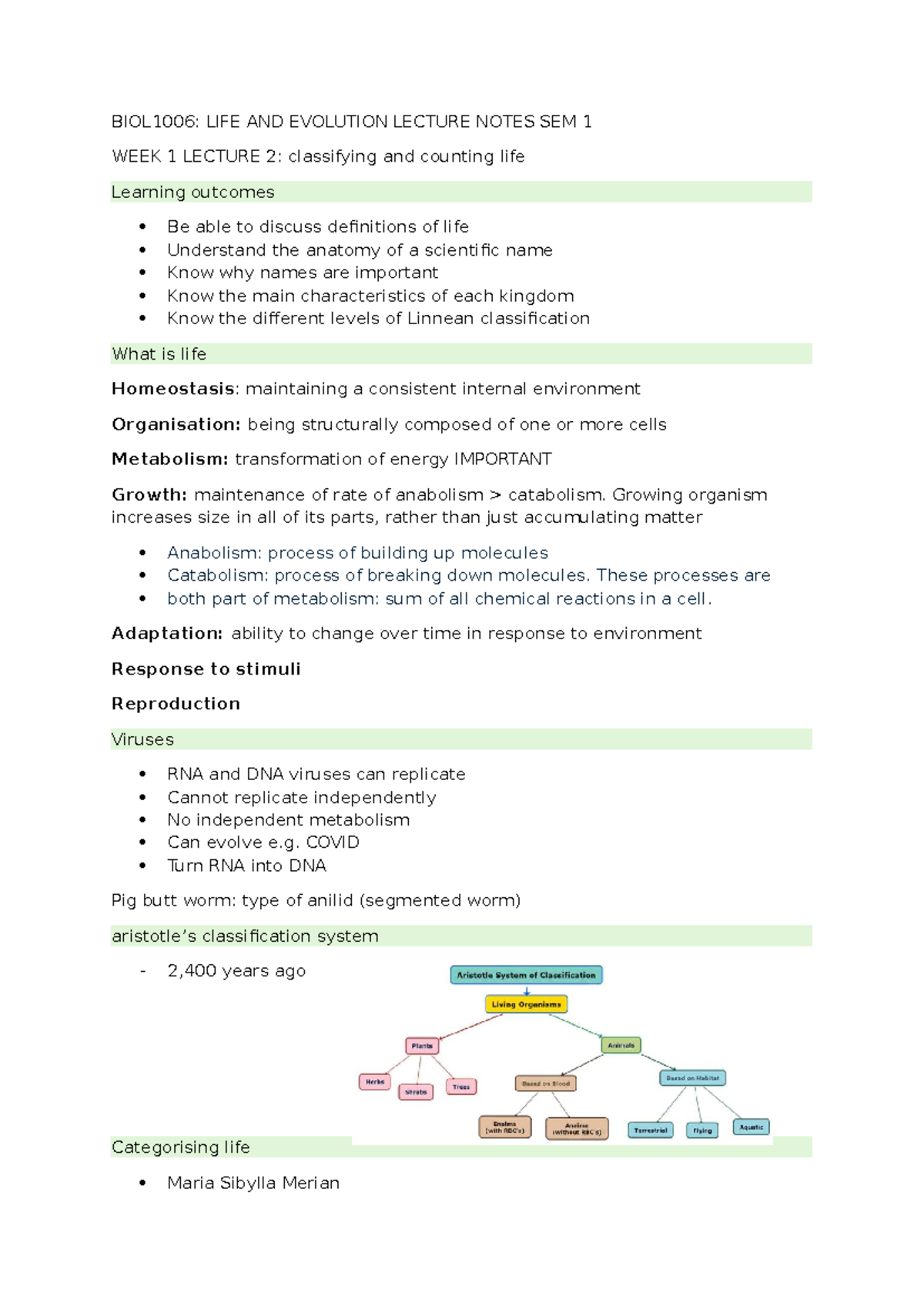 BIOL1006: Life and Evolution Lecture Notes - Week 1 Overview - Studocu