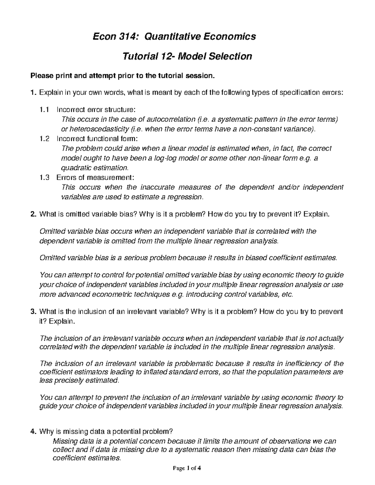 Econ 314: Quantitative Economics Tutorial 12 Model Selection Solutions ...