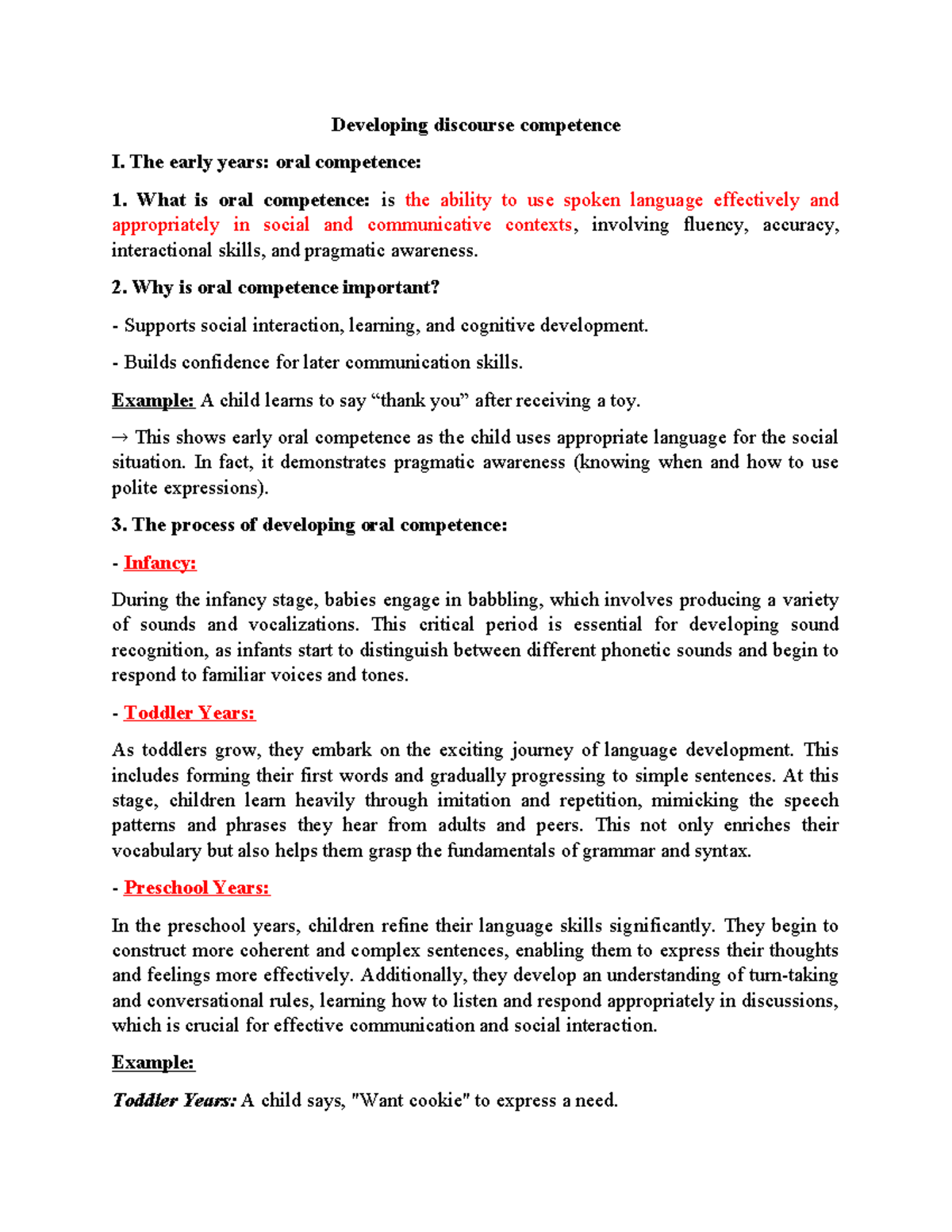 Developing discourse competence - The early years: oral competence ...