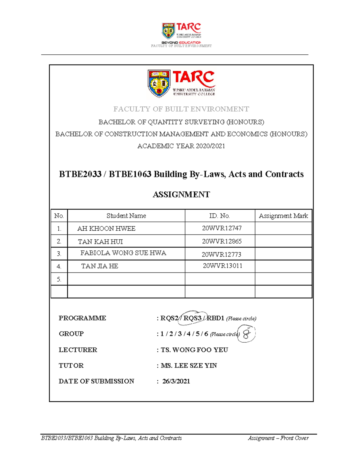 BTBE2033 Building-by laws acts andcontracts - FACULTY OF BUILT ...
