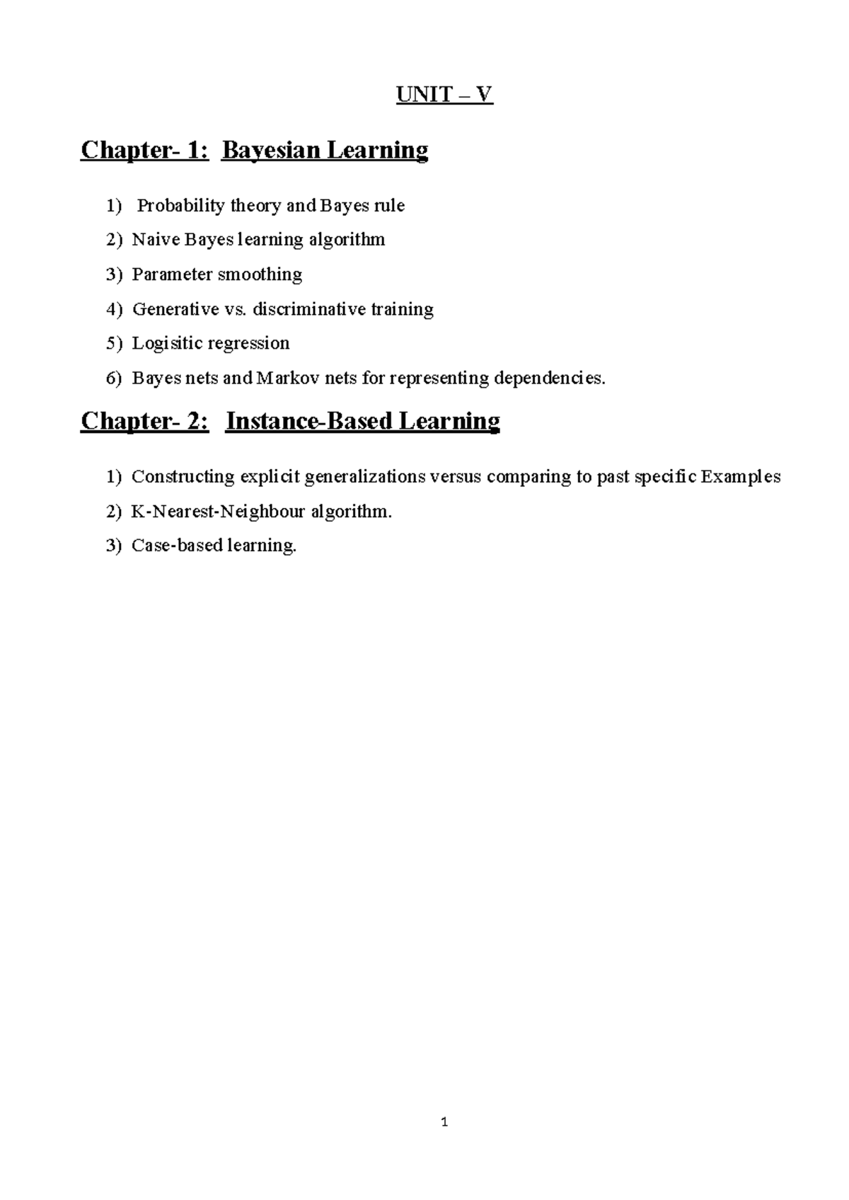 Unit V: Bayesian Learning and Logistic Regression in ML - Studocu