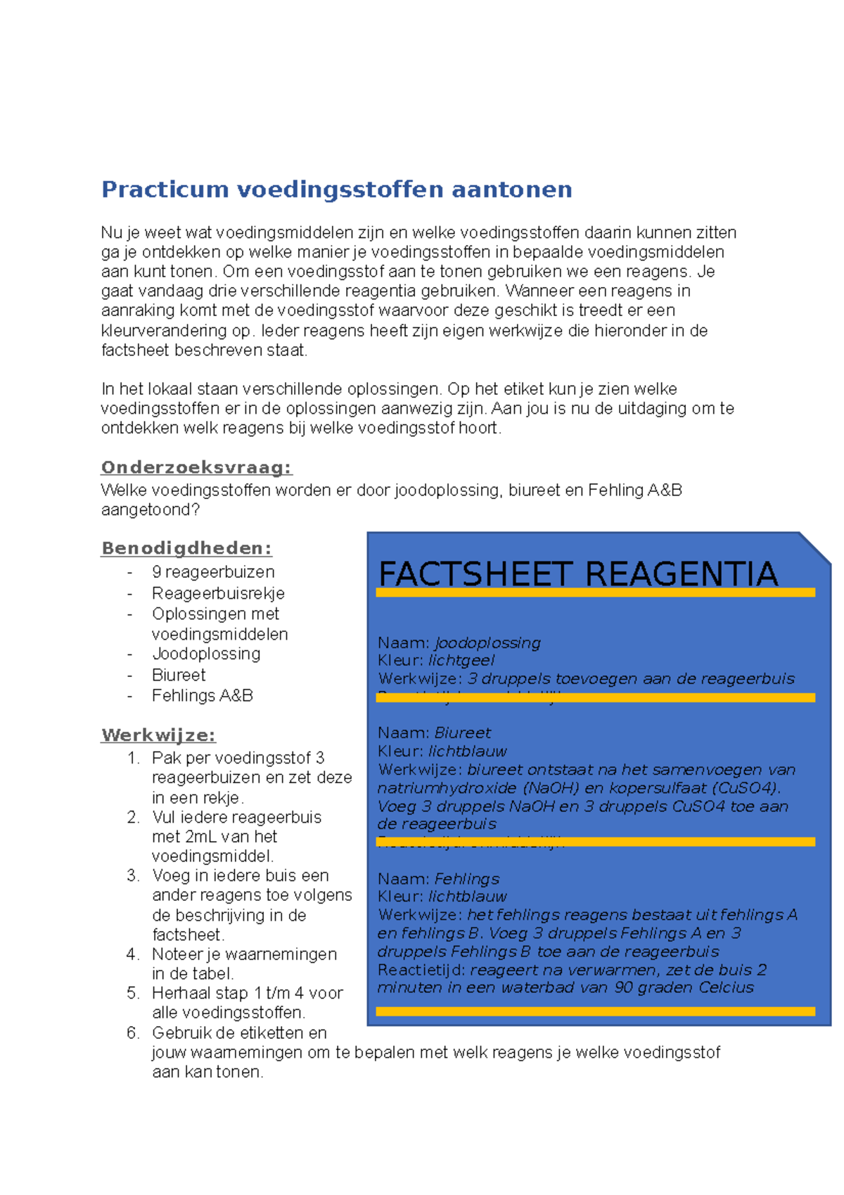 2122 Prakticum: Aantonen van Voedingsstoffen met Reagentia - Studeersnel