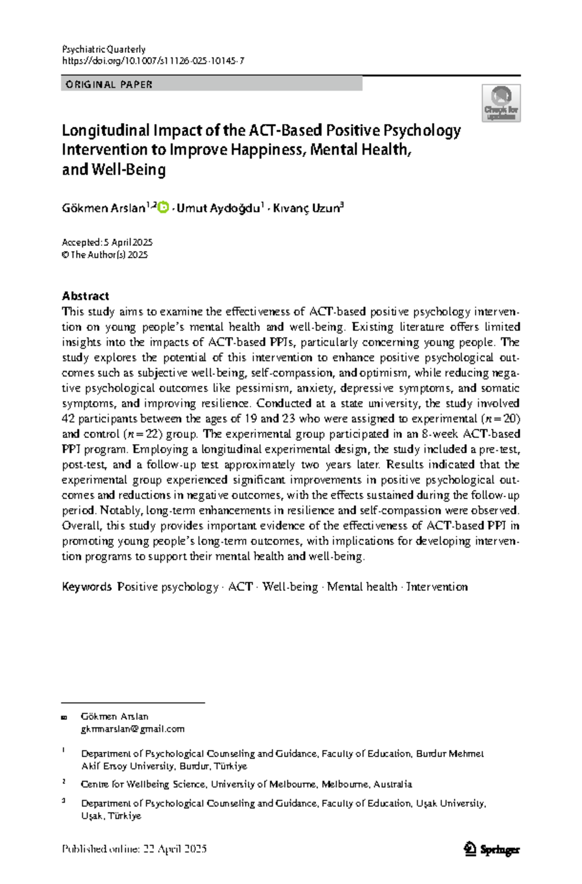 Longitudinal Study on Positive Psychology Interventions in Youth Mental ...
