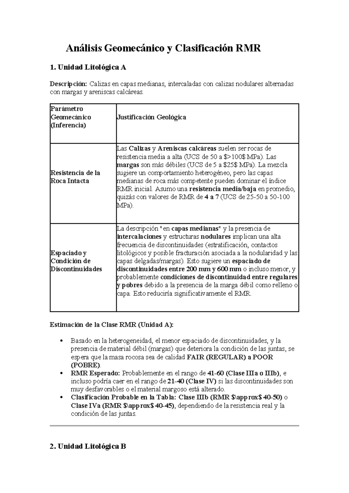Justificaciones RMR - Terzaghi: Análisis Geomecánico de Litologías A y ...