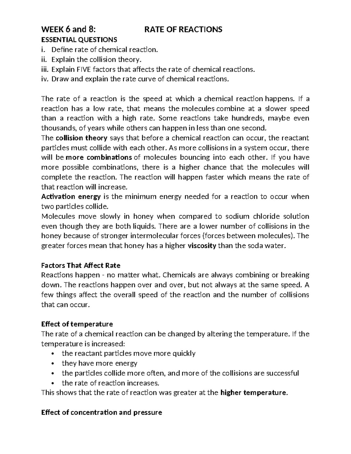 WEEK 6 & 8: Rate of Reactions Study Notes and Essential Questions - Studocu
