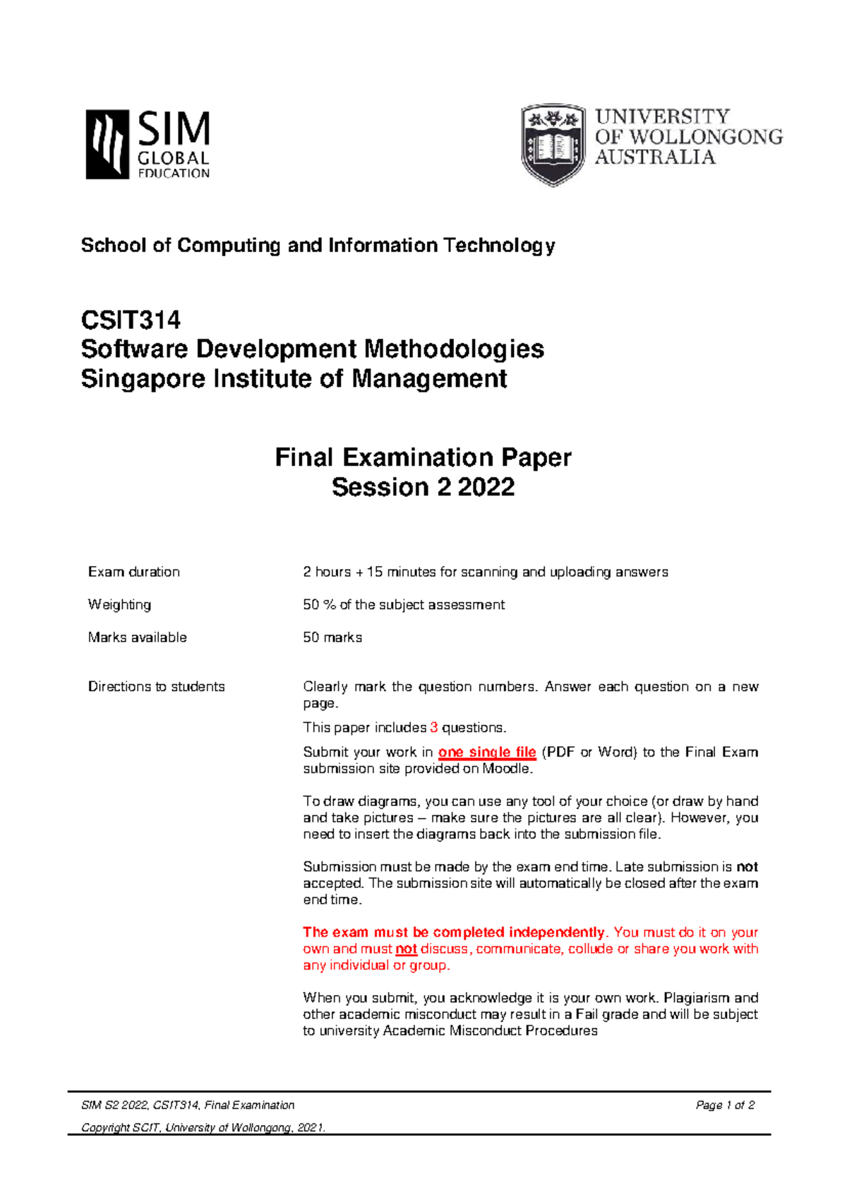 CSIT314 Final Exam Paper - Software Development Methodologies S2 2022 ...