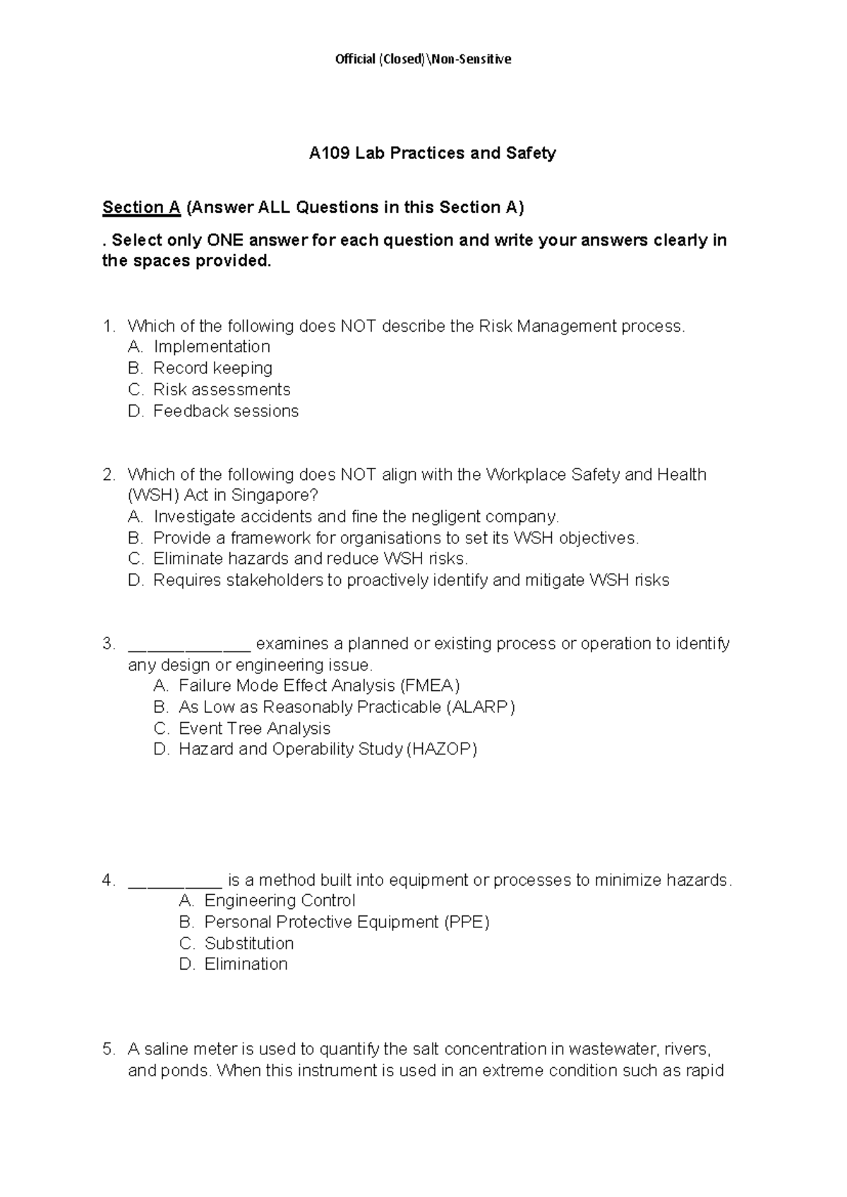 AY25S1 FA Lab Practices & Safety: Section A Questions & Answers - Studocu