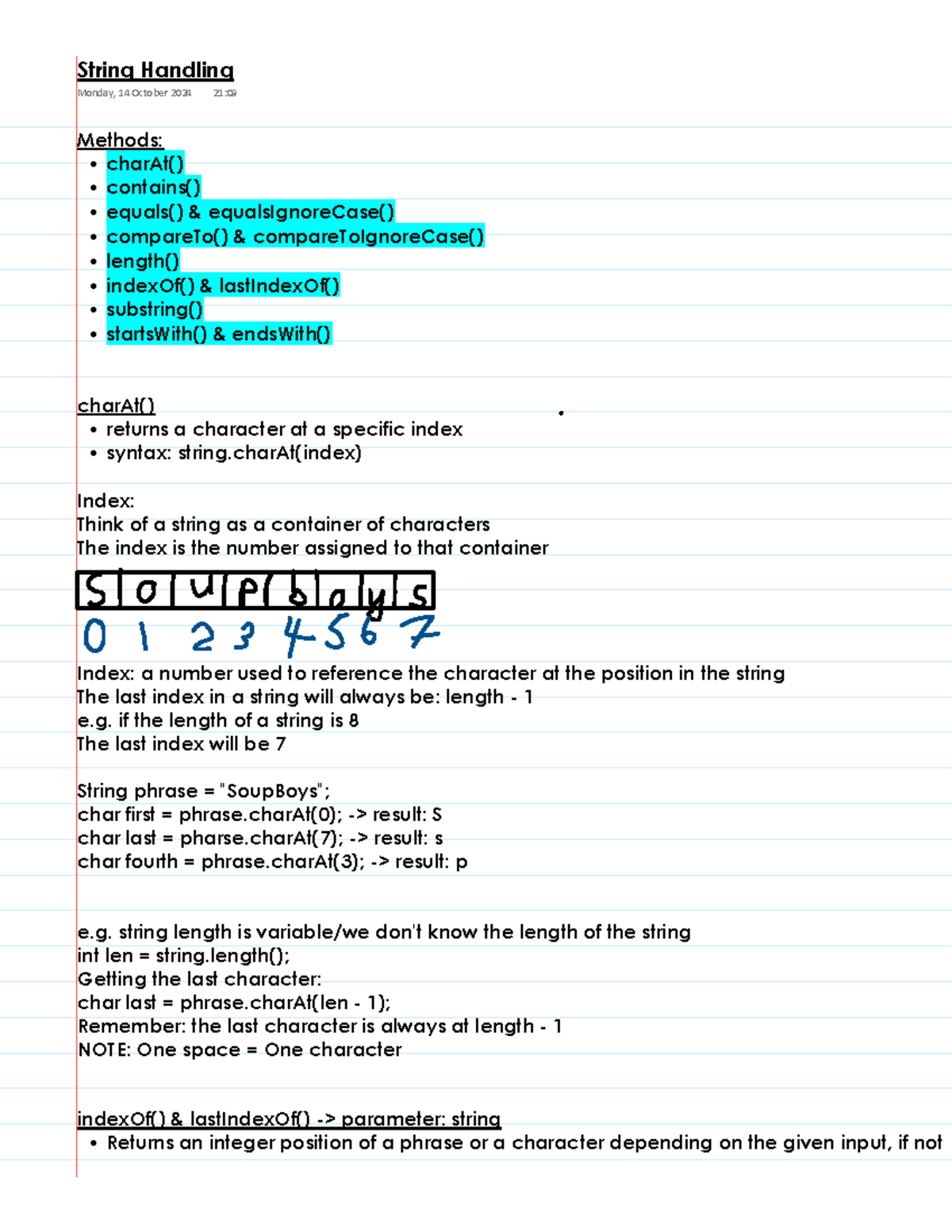 String Handling Methods: charAt(), indexOf(), substring() Notes - Studocu