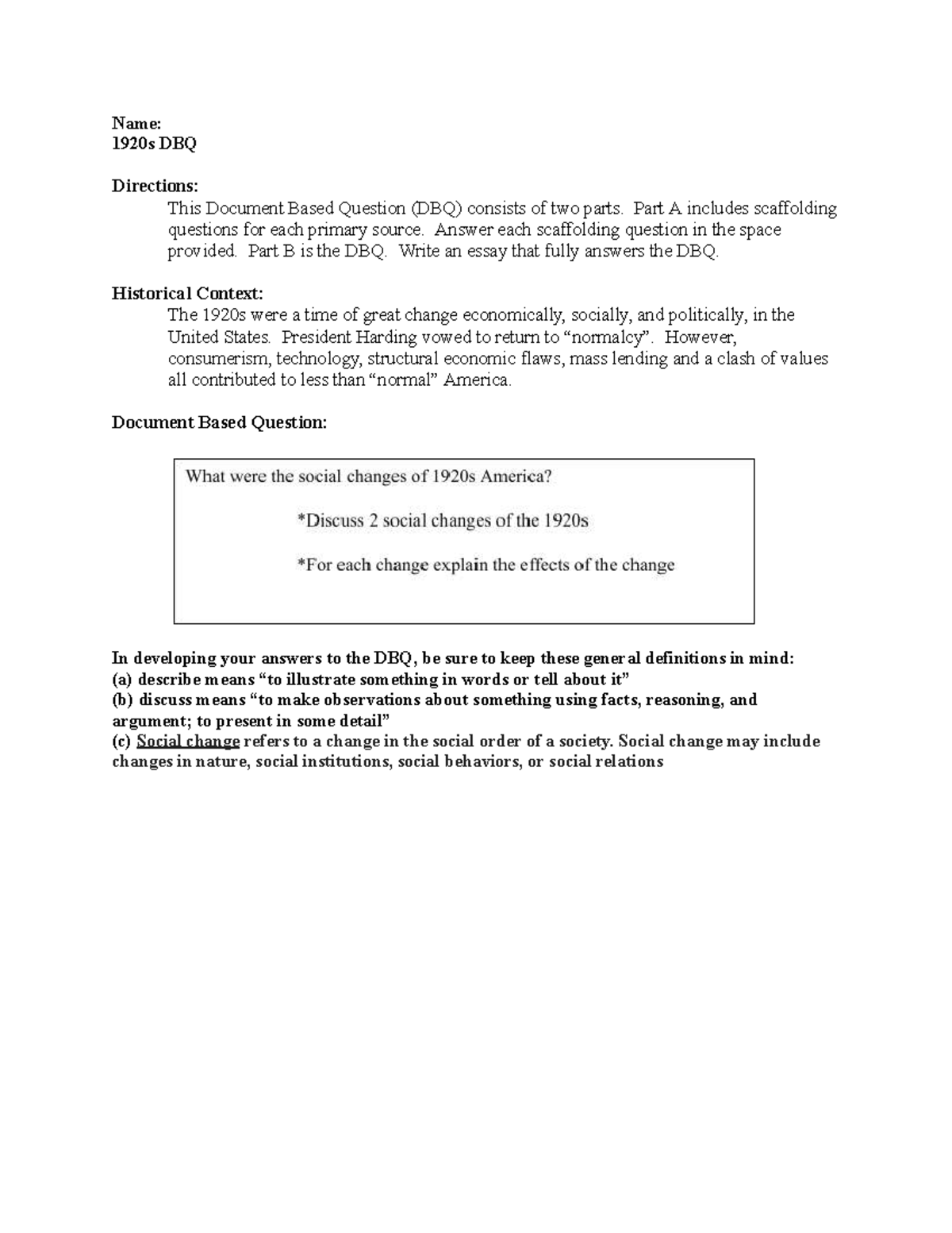 1920s DBQ: Analyzing Social, Economic, and Political Changes - Studocu