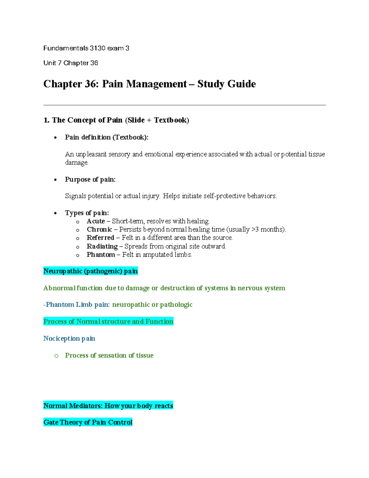 Fundamentals 3130 Exam 3 Study Guide: Pain Management Insights - Studocu