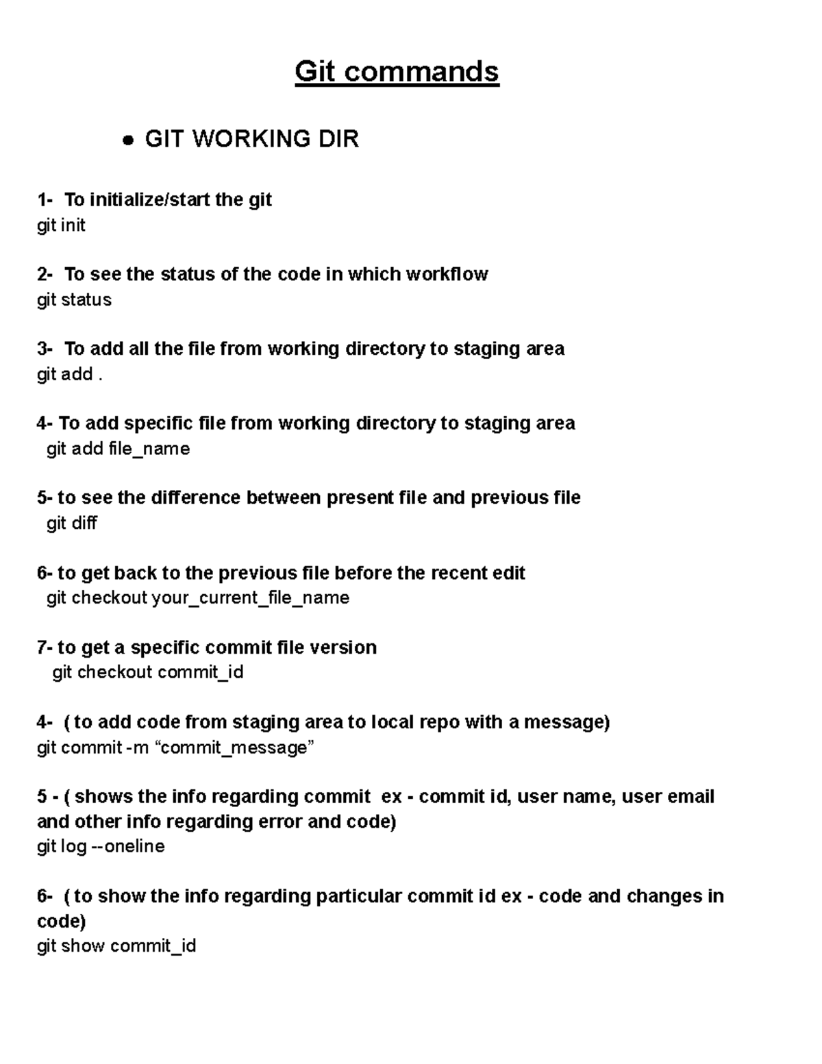 Git Commands for basic manipulations of version control systems to ...
