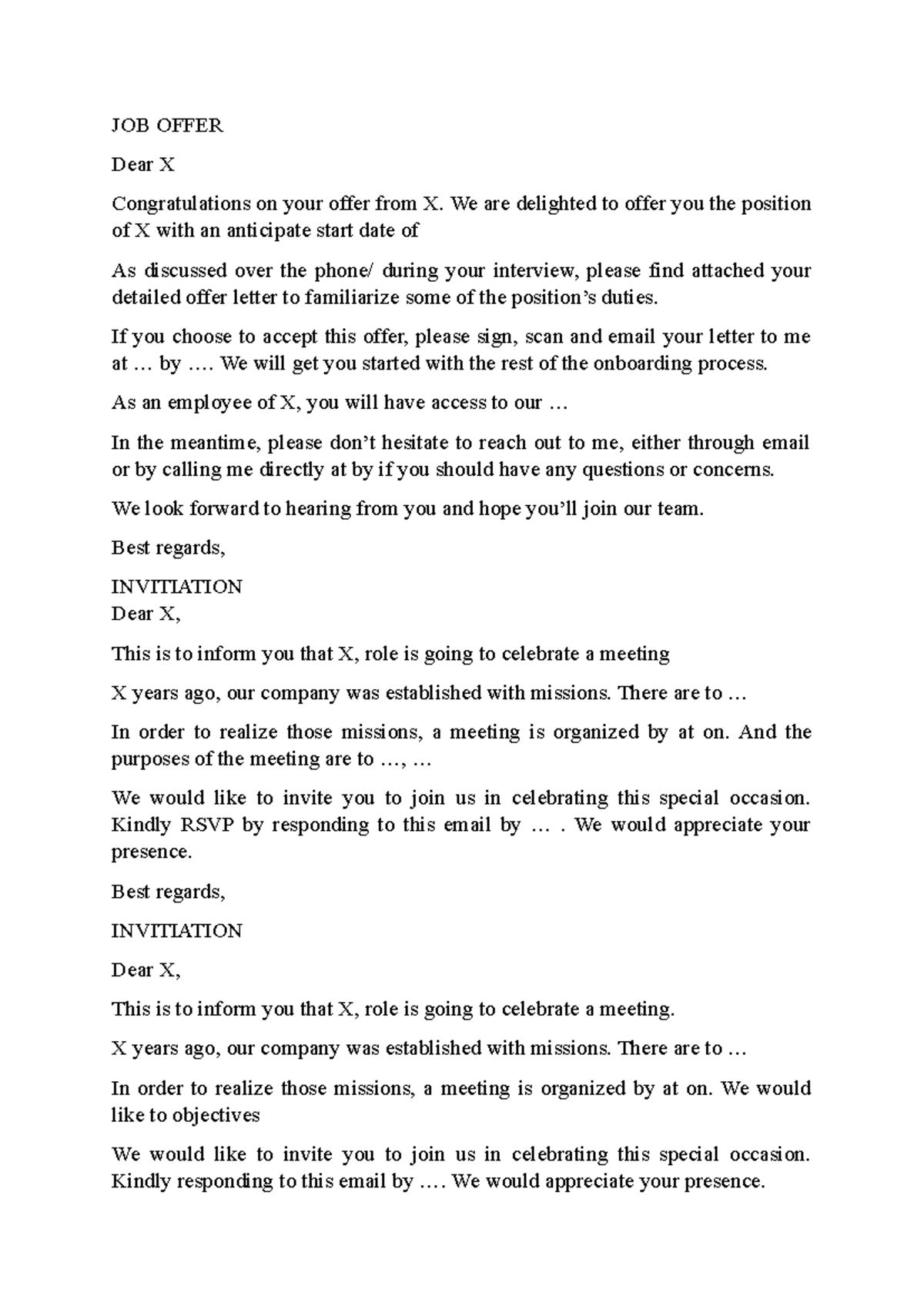 Job Offer and Invitation Details for New Position - Studocu