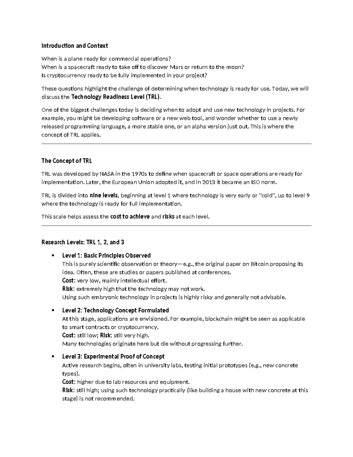 Using TRL to Assess Technology Readiness and Risks in Projects - Studocu