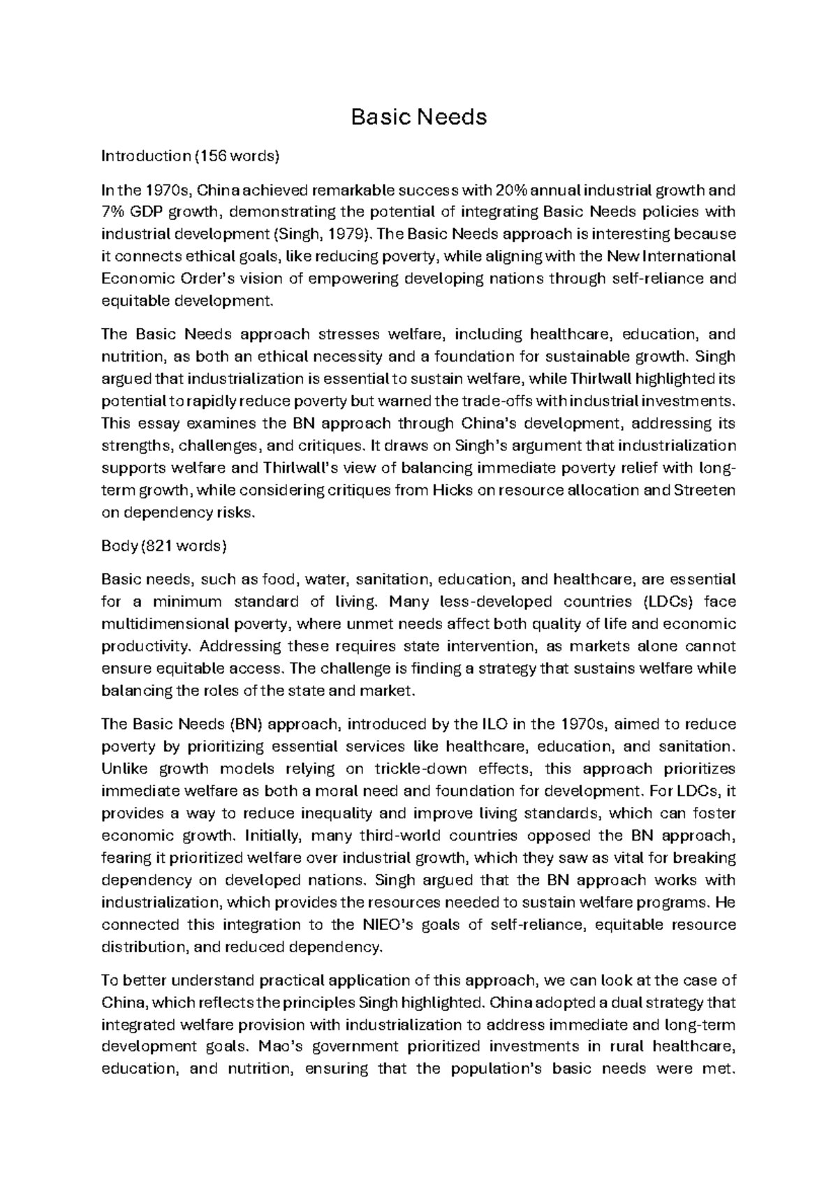 Basic Needs Approach: Balancing Welfare and Industrial Growth - Studocu