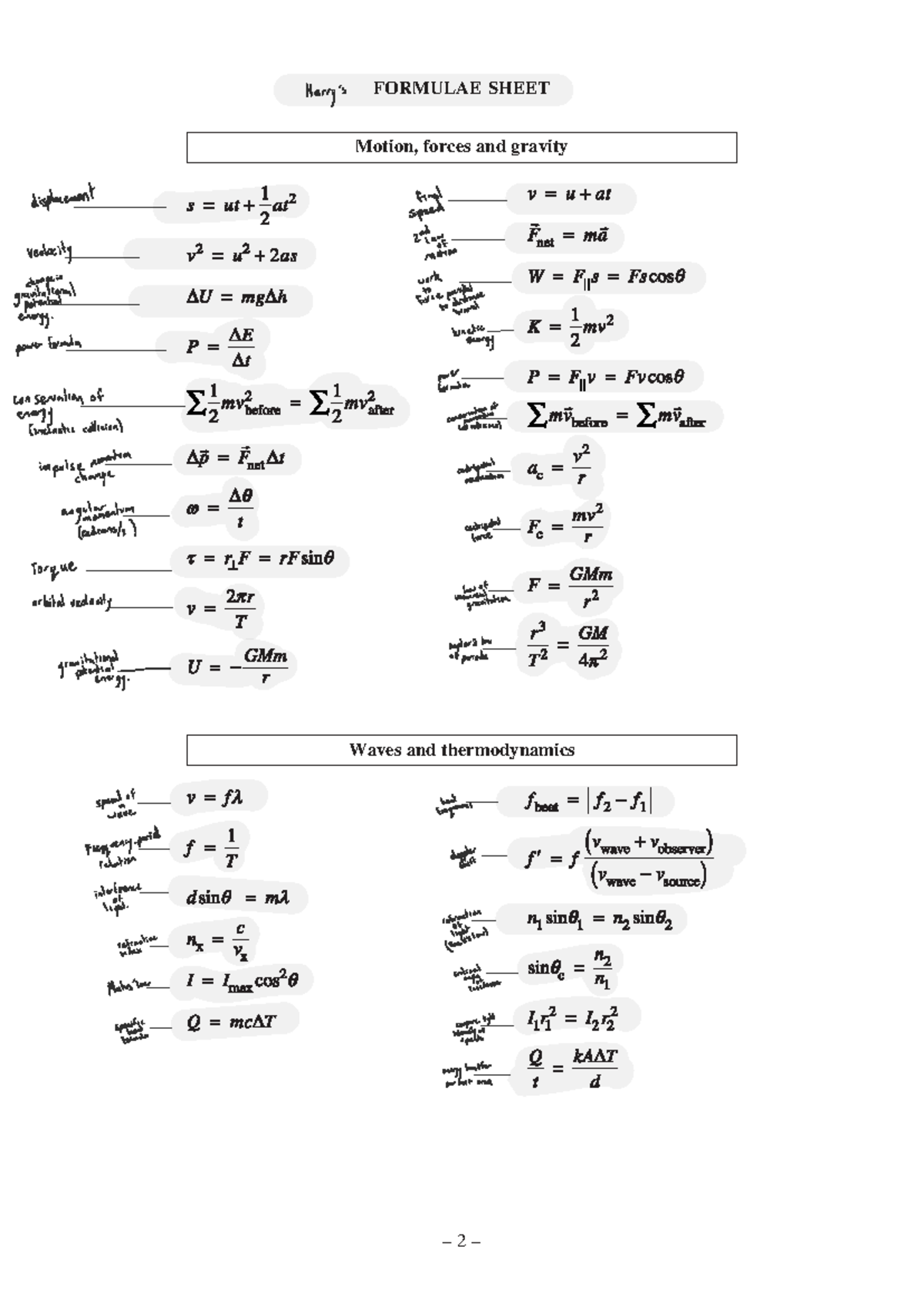 Physics Formulae Sheet for HSC Exams 2019 - Studocu