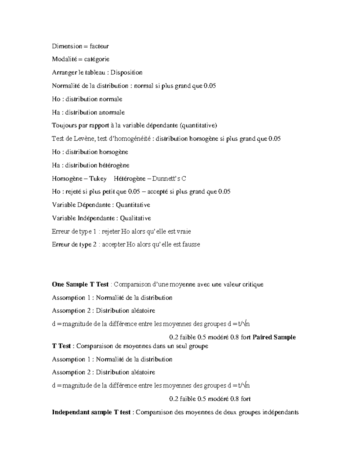 Notes - Dimension = facteur Modalité = catégorie Arranger le tableau ...