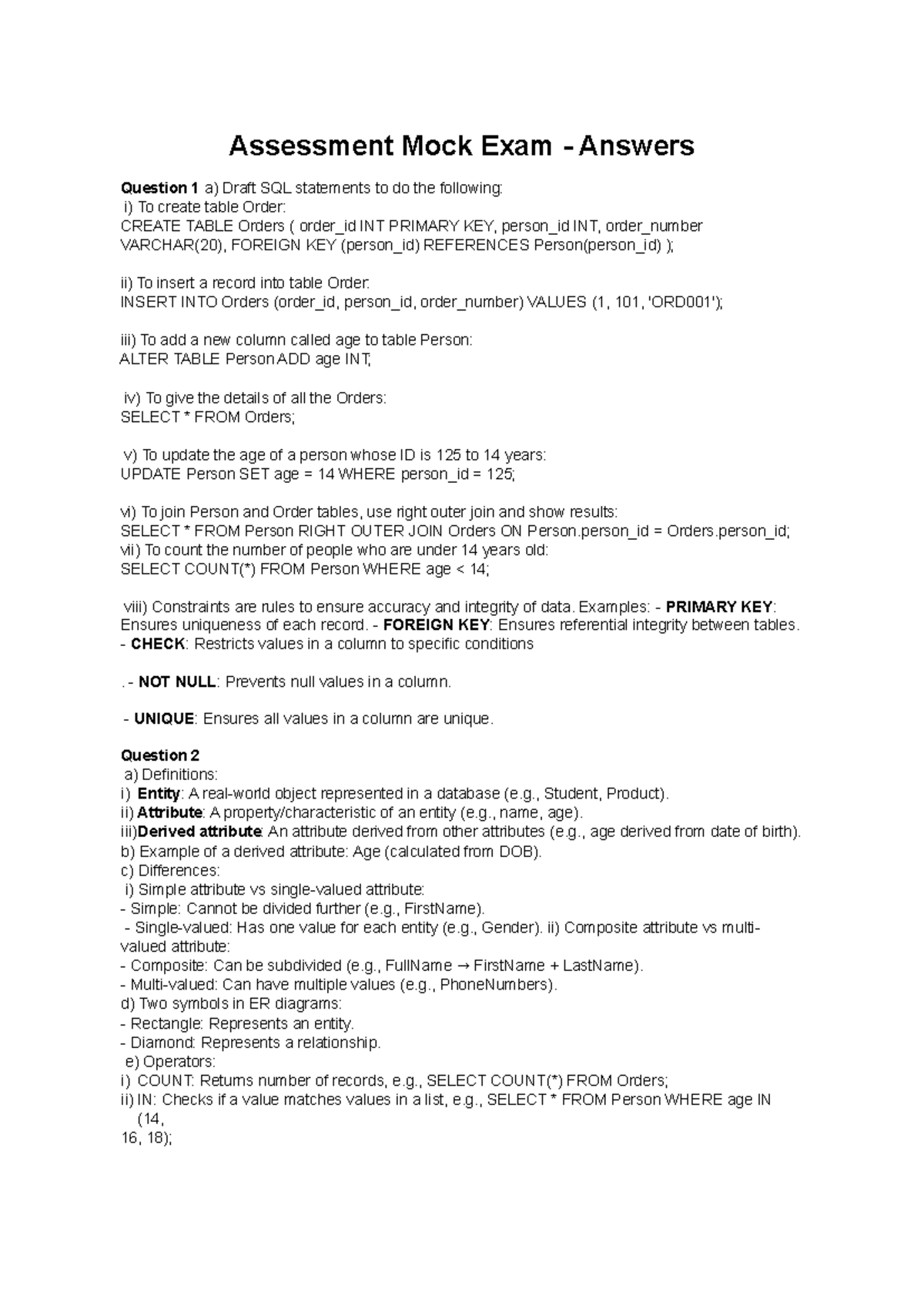 SQL Assessment Mock Exam Answers (Course Code: H) - Studocu
