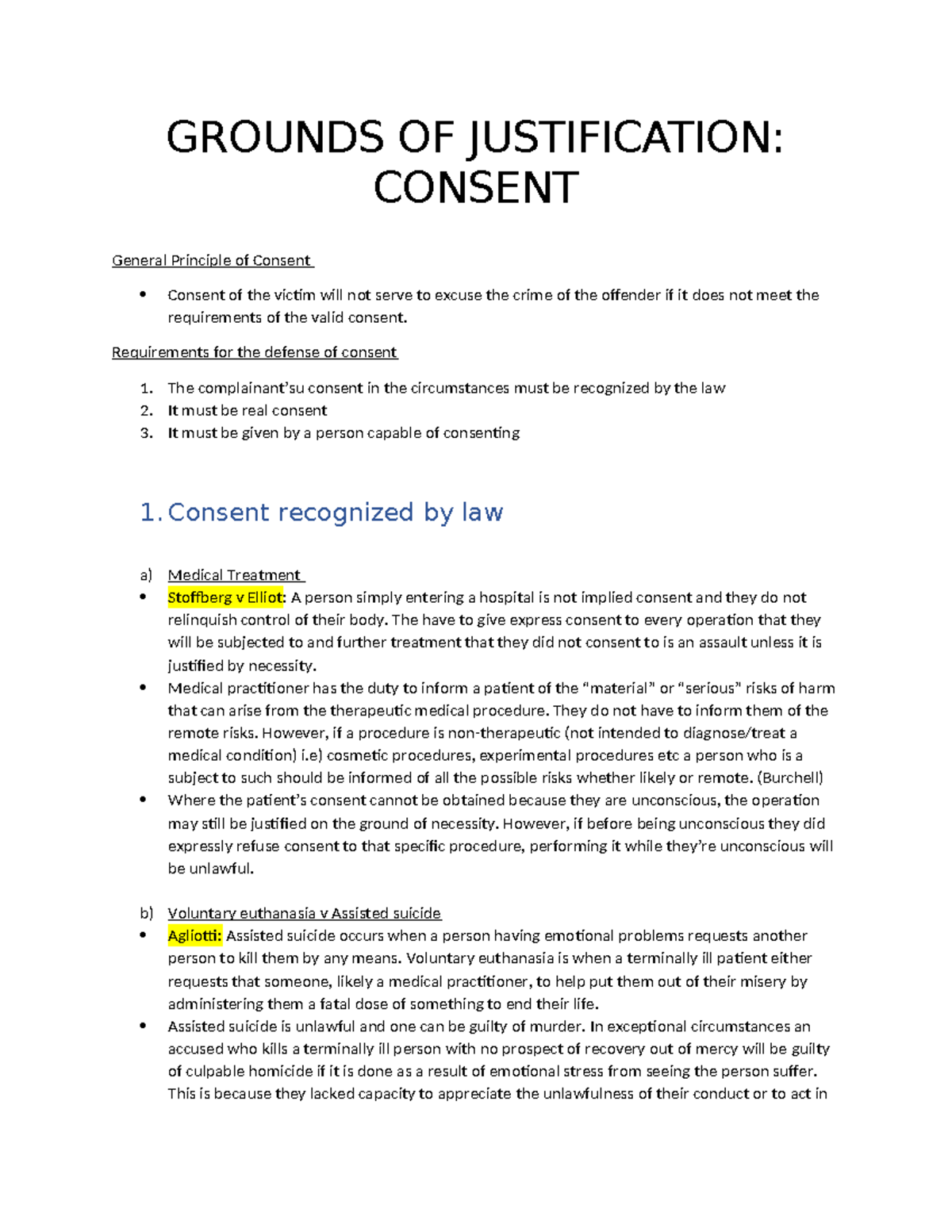 Consent notes: Grounds of justification and legal principles - Studocu