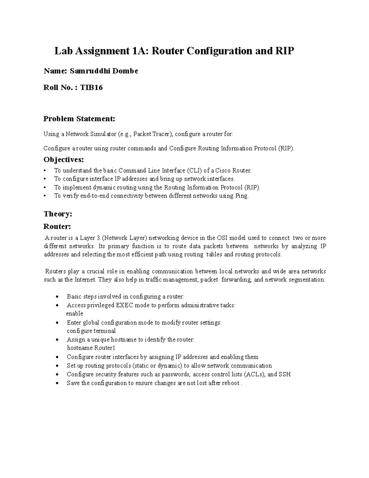 Lab Assignment TIB16: Router Configuration & RIP Implementation - Studocu