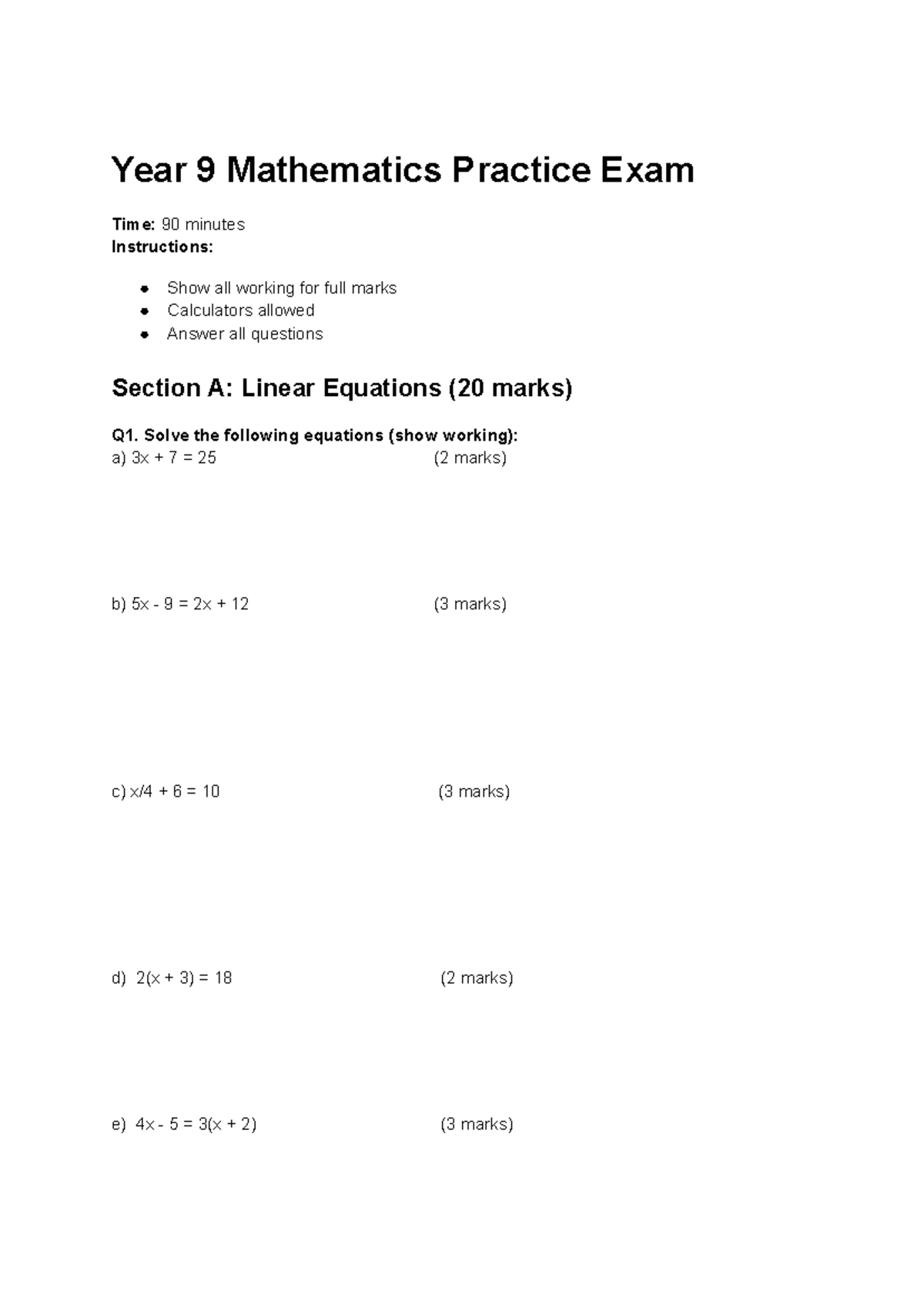 Year 9 Mathematics Mock Exam Practice Questions - Studocu