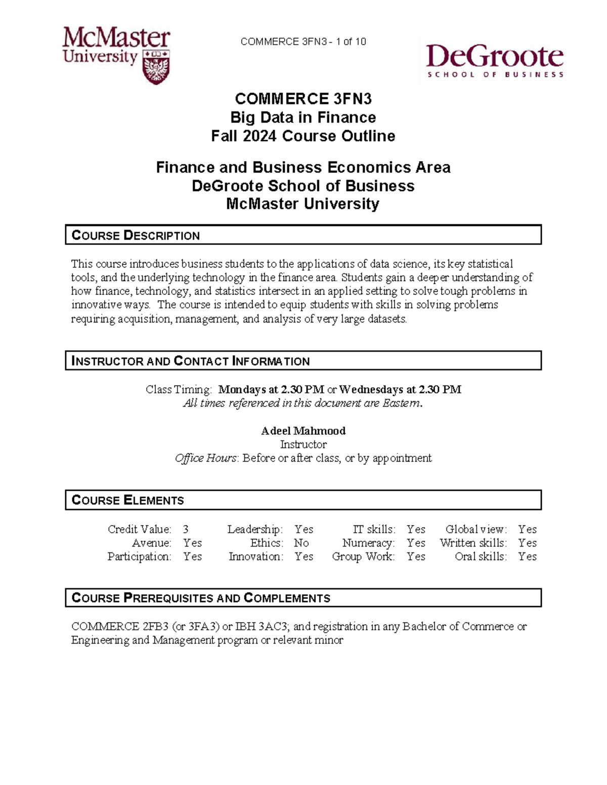 COMMERCE 3FN3 Big Data in Finance Course Outline - Fall 2024 - Studocu