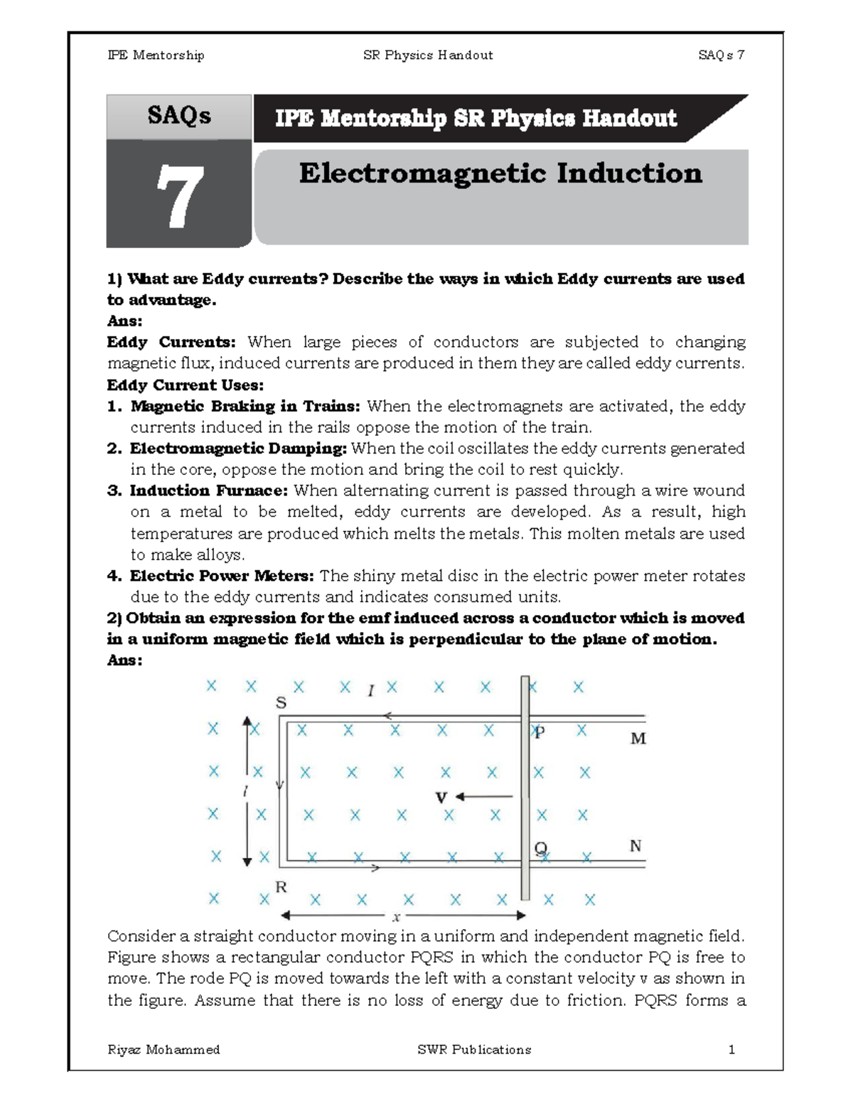 IPE Mentorship SR Physics Handout: Electromagnetic Induction SAQs - Studocu