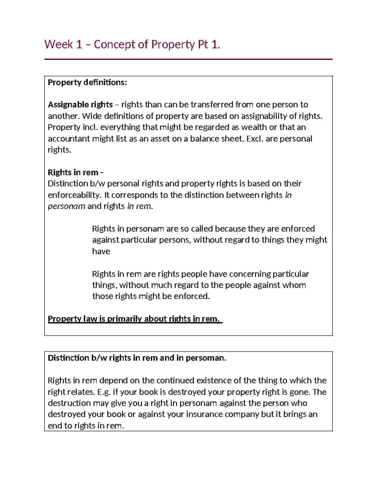 Week 1: Understanding Property Rights and Legal Concepts in Law - Studocu