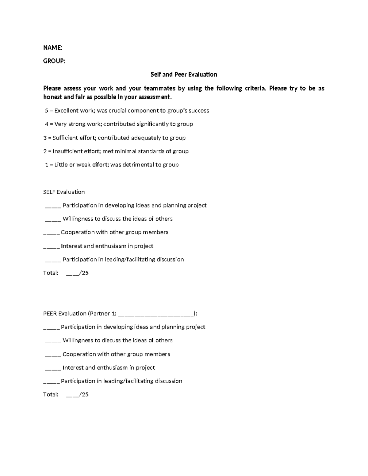 Self and Peer Evaluation Guide: Assessing Teamwork Effectiveness - Studocu