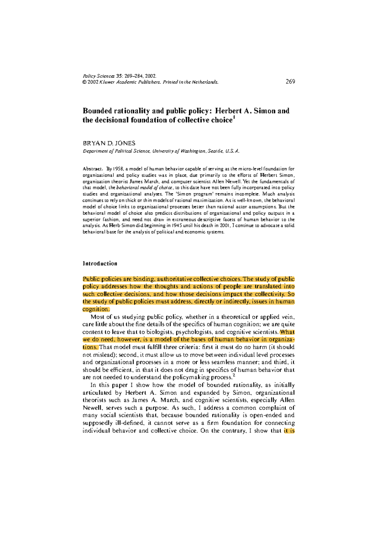 Policy Sciences 35: Bounded Rationality & Public Policy Analysis - Studocu