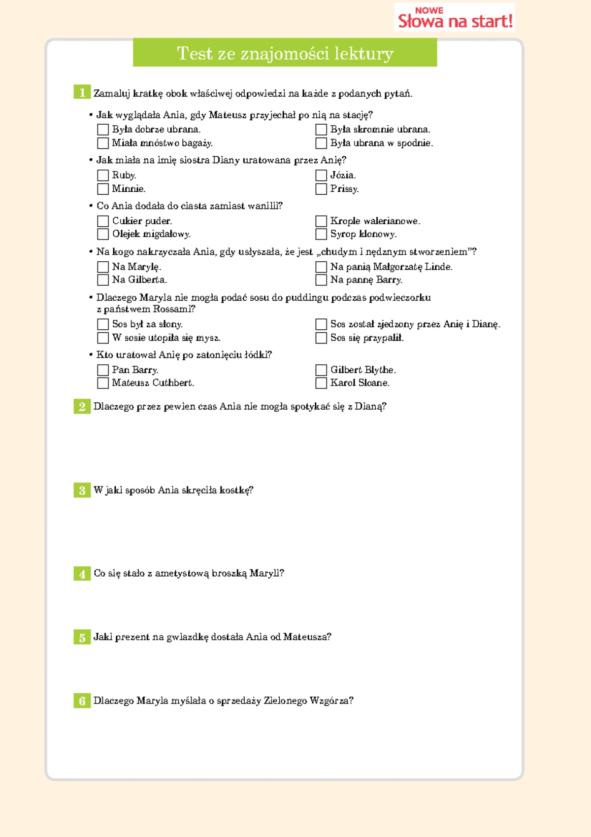 Sprawdzian Kl.5 Ania Z Zielonego Wzgórza www.studocu.com