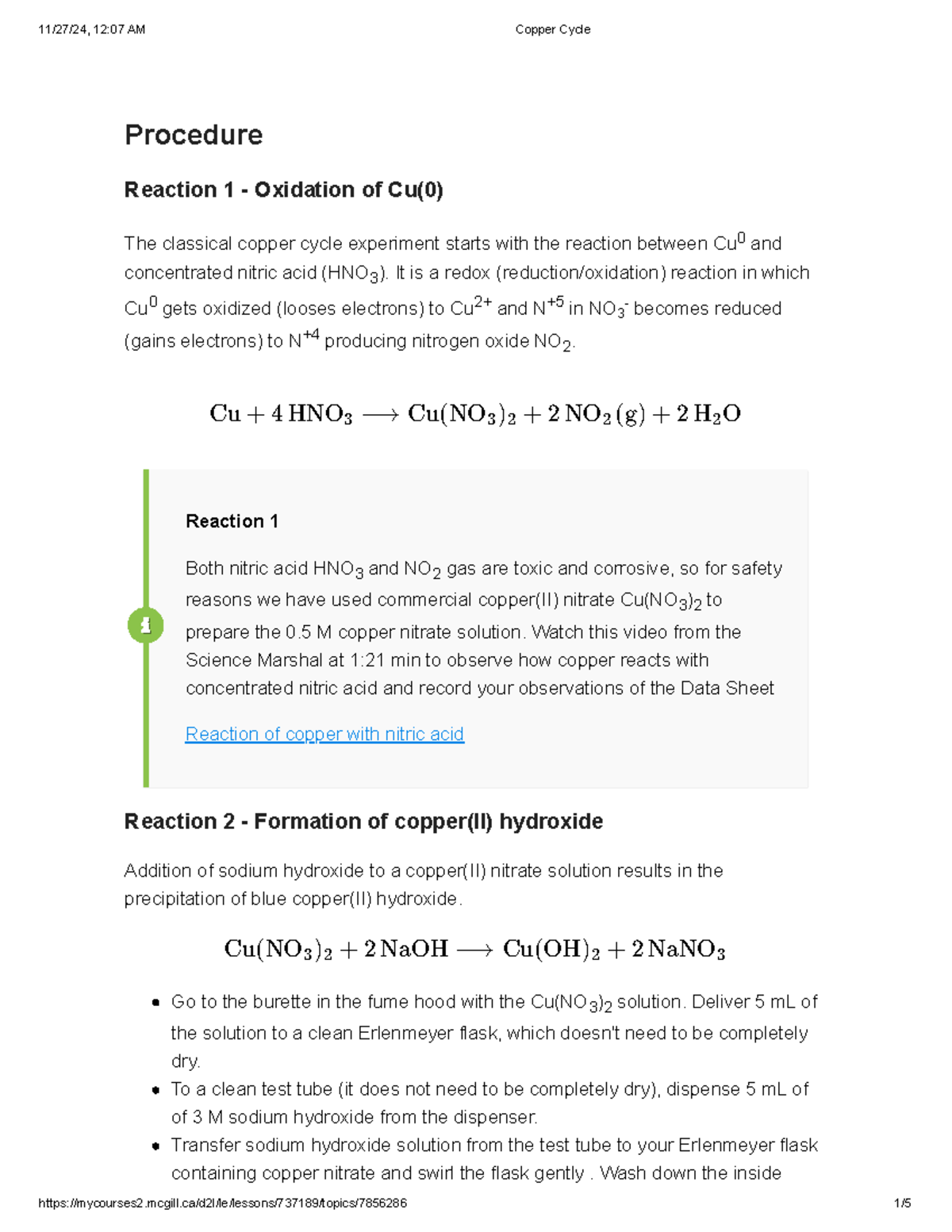 Copper Cycle Lab Manual Fall 2024 CHEM110 112 Procedure Reaction