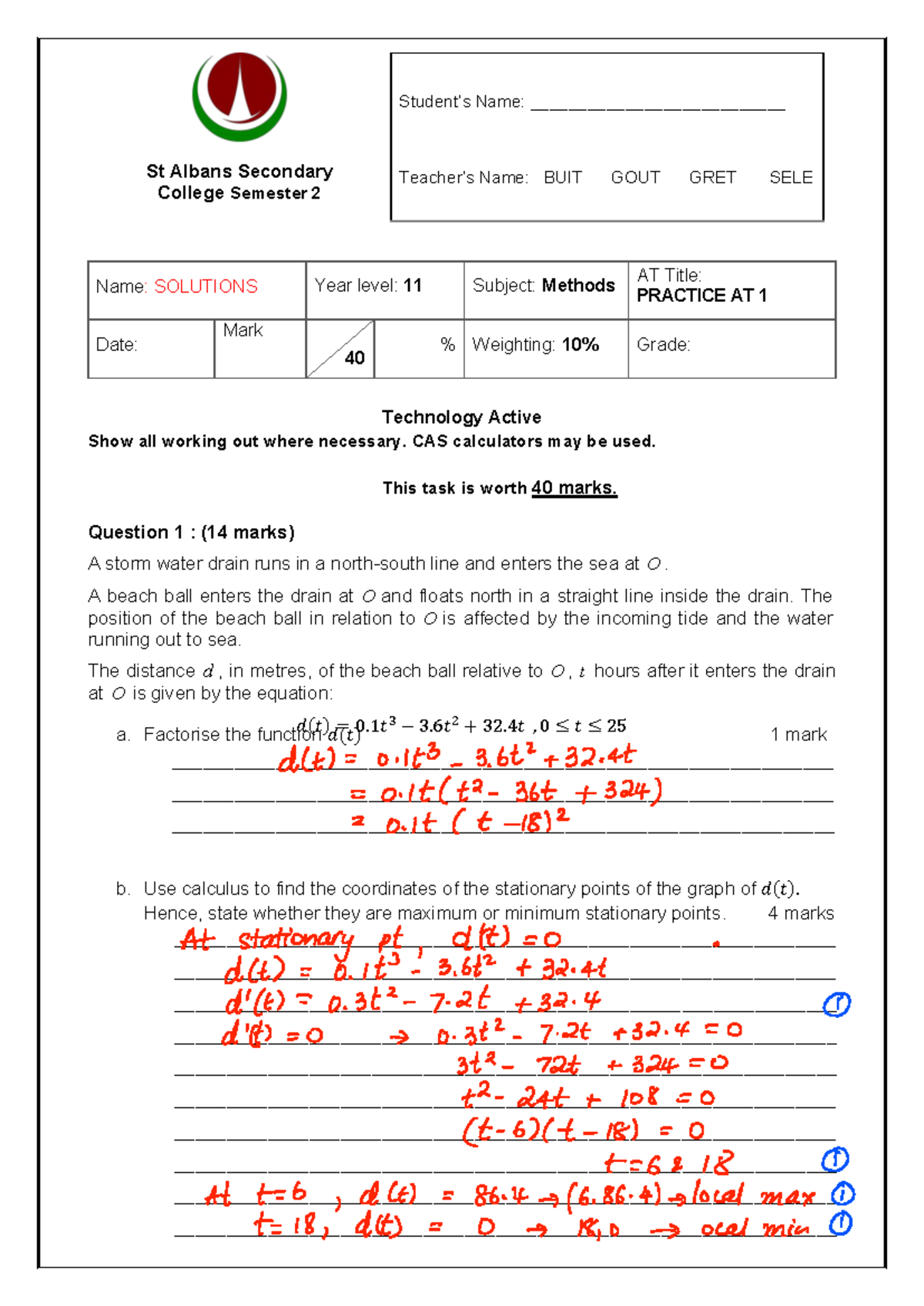 2024 Methods AT Practice Exam Solutions for Year 11 - Studocu
