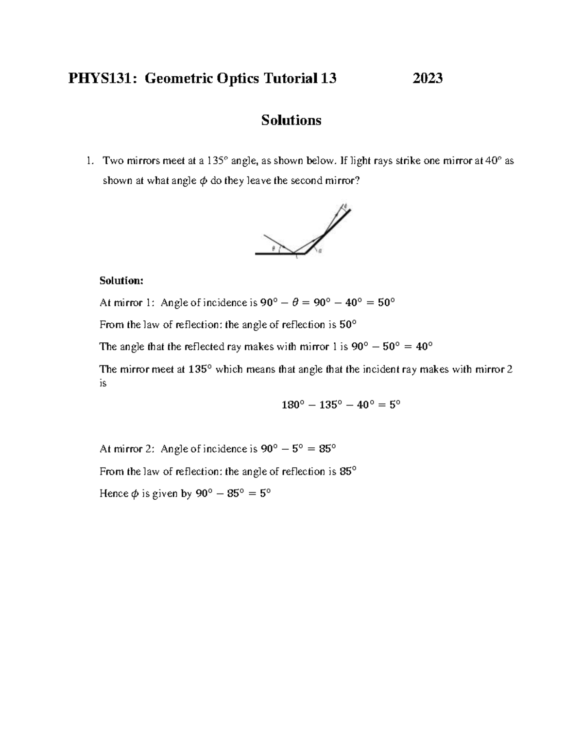 PHY131: Geometric Optics Tutorial 13 Detailed Solutions - Studocu