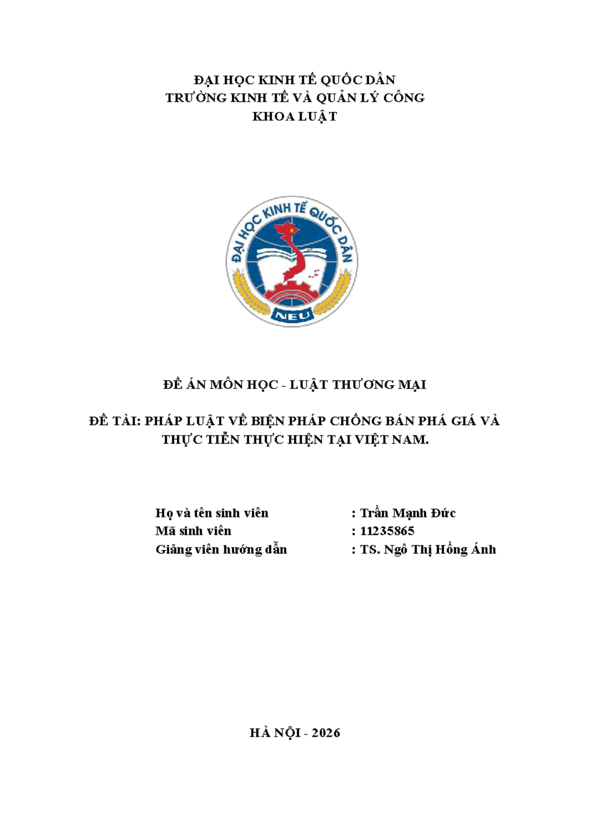 Đề án môn học Luật Thương mại: Pháp luật về chống bán phá giá tại VN - Document Preview