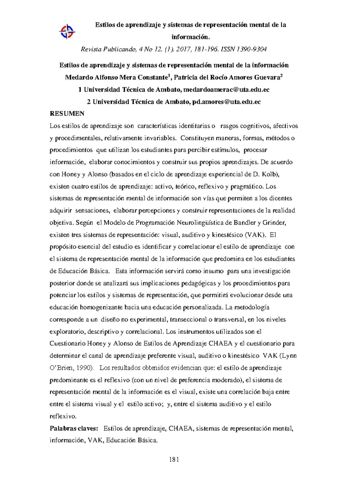 Estilos de Aprendizaje y Representación Mental en Educación Básica ...