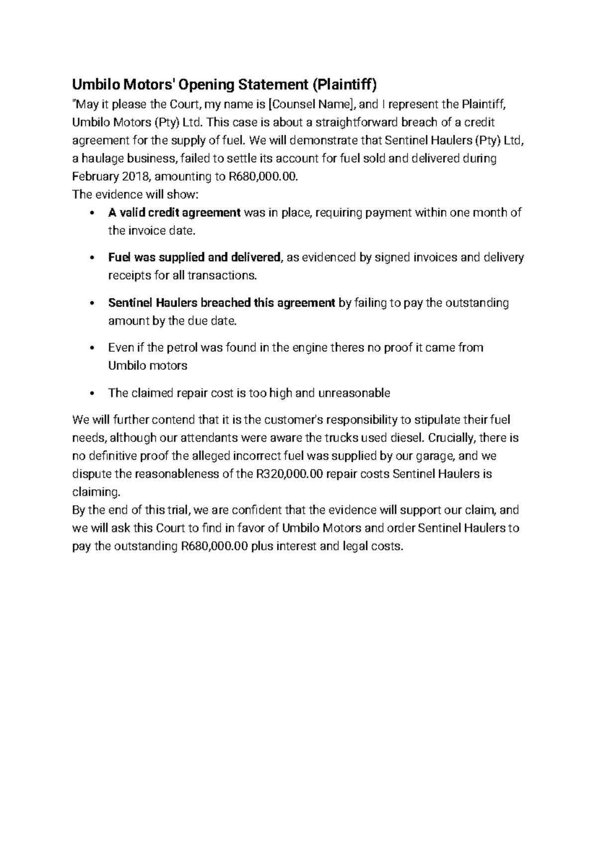 Umbilo Motors vs. Sentinel Haulers: Plaintiff's Opening Statement - Studocu