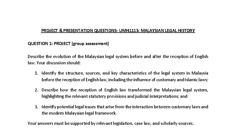 UMH1113: Project Presentation on Malaysian Legal History - Studocu