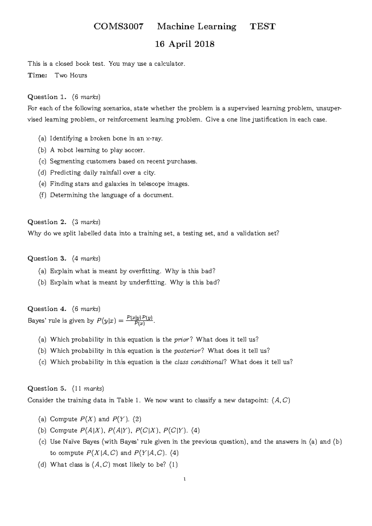 COMS3007 Machine Learning Test - Questions & Answers (16 April 2018 ...