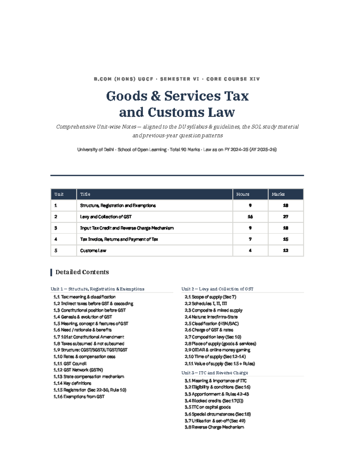 B.COM (HONS) UGCF SEM VI CORE XIV GST & Customs Law Comprehensive Notes ...