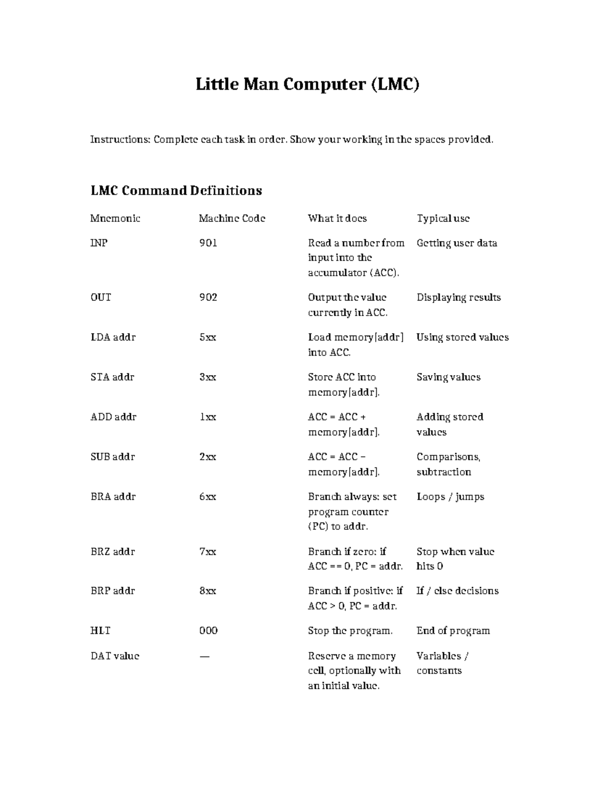 LMC 101: Instructions and Tasks for Little Man Computer - Studocu
