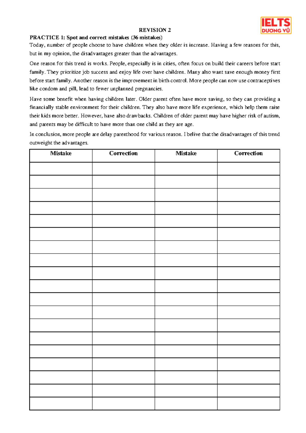 Revision 2: Practice Exercises for Mistake Correction and Writing - Studocu