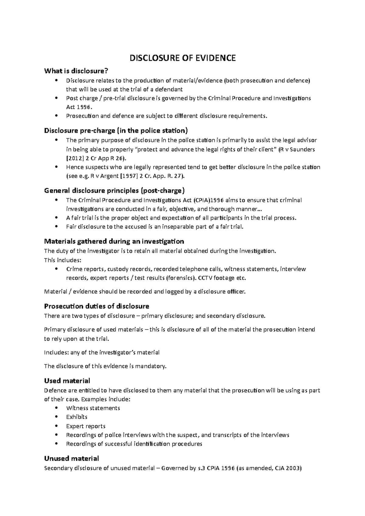 7. Revision Notes on Disclosure of Evidence in Criminal Trials - Studocu