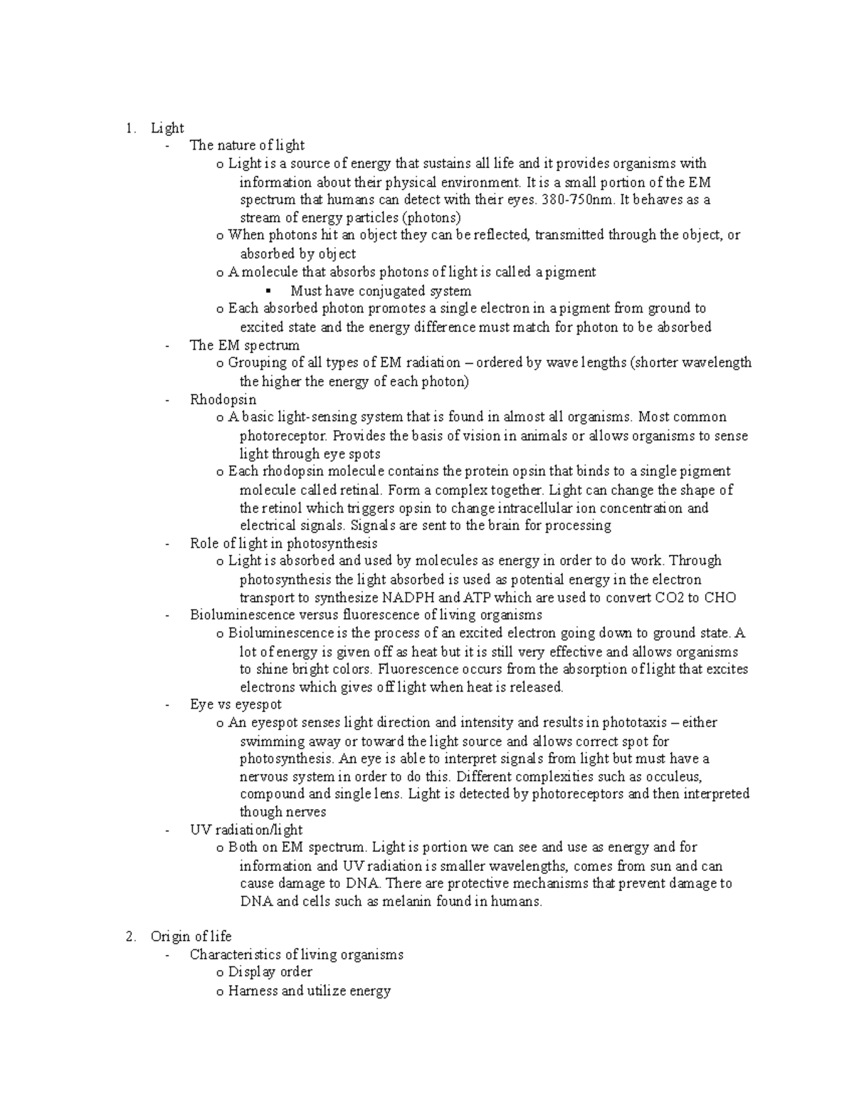 Detailed Outline of Part 1 - Light The nature of light o Light is a ...