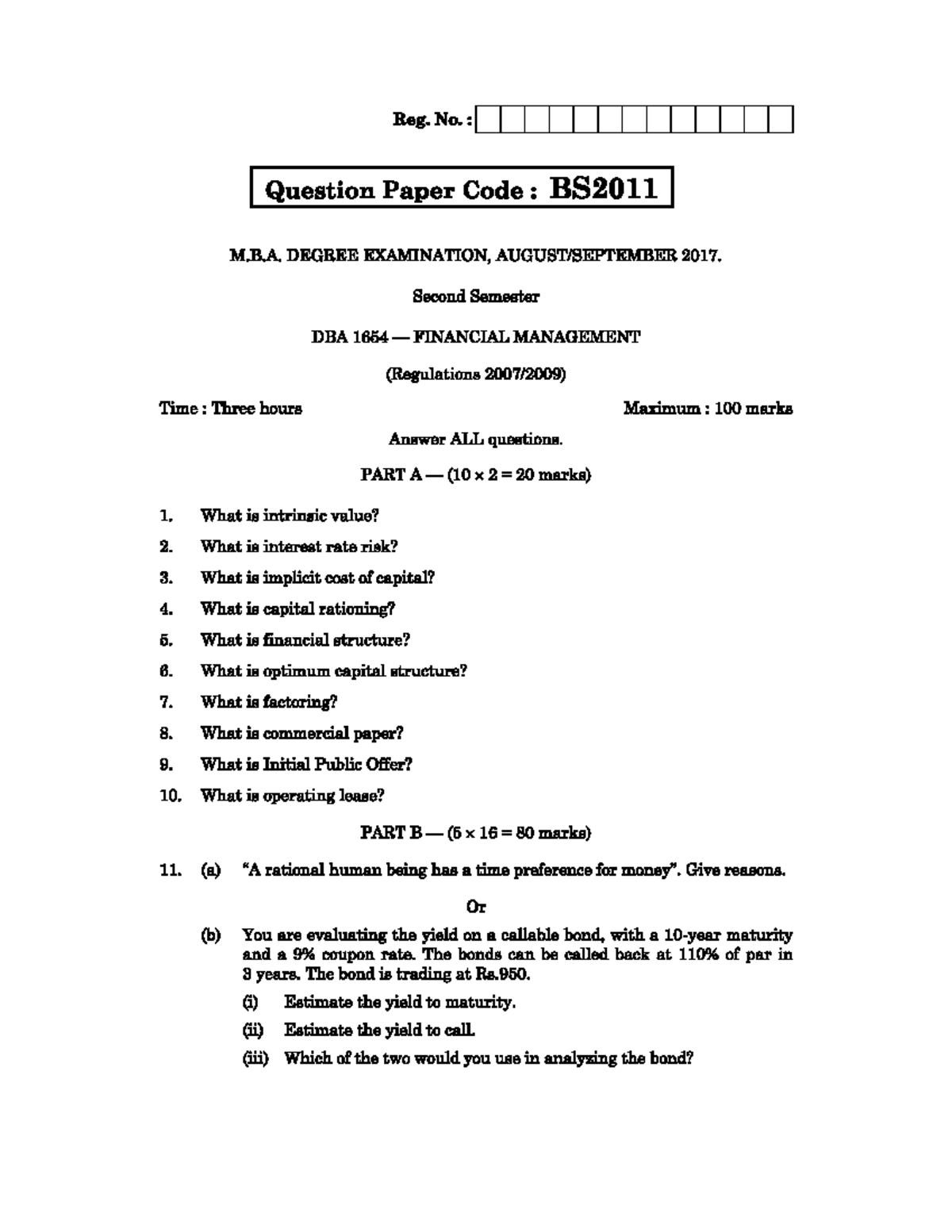 BS2011 M.B.A. 2017 FM Exam Question Paper - Financial Management - Studocu